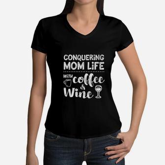 Coffee Wine Drinker Saying Mom Life Drinks Funny Quote Women V-Neck T-Shirt - Seseable