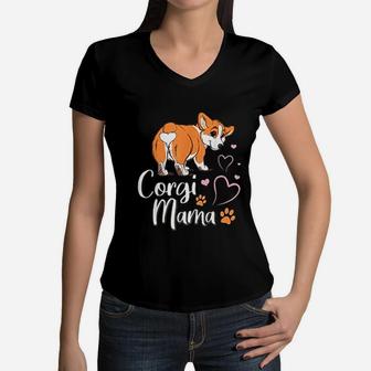 Corgi Mama Funny Corgi Dog Mom Gift Women V-Neck T-Shirt - Seseable