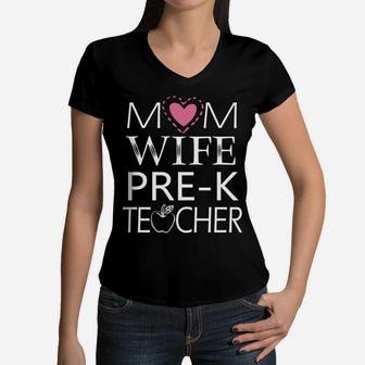 Cute Heart Mom Wife Prek Teacher Happy Mother Day Women V-Neck T-Shirt - Seseable
