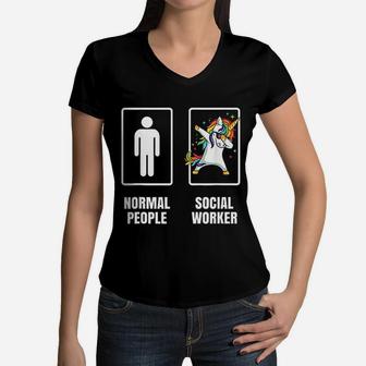 Dabbing Unicorn Social Worker Child Family Supporter Women V-Neck T-Shirt - Seseable