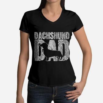 Dachshund Dad Father Fathers Day Vintage Women V-Neck T-Shirt - Seseable