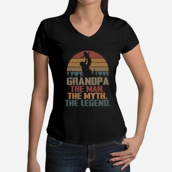 Dad Hug Son Grandpa The Man The Myth The Legend Vintage Women V-Neck T-Shirt - Seseable