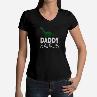 Daddy Saurus Dinosaur Shirt Matching Family Tribe Dad Hubby Women V-Neck T-Shirt - Seseable