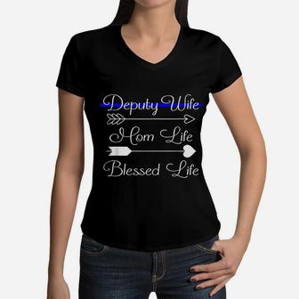Deputy Wife Mom Life Blessed Life Women V-Neck T-Shirt - Seseable