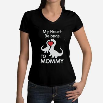 Dino Love My Heart Belongs To Mommy Women V-Neck T-Shirt - Seseable