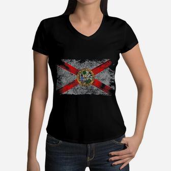 Distressed Vintage Retro Usa Patriotic Fl State Florida Flag Women V-Neck T-Shirt - Seseable