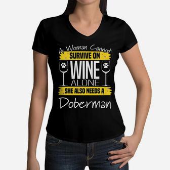 Doberman And Wine Funny Gift For Dobie Dog Moms Women V-Neck T-Shirt - Seseable
