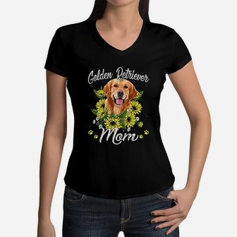 Dog Mom Mothers Day Gift Sunflower Golden Retriever Mom Women V-Neck T-Shirt - Seseable
