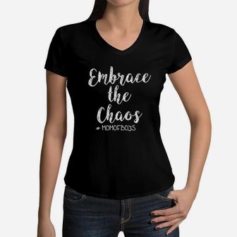 Embrace The Chaos Momofboys Women V-Neck T-Shirt - Seseable