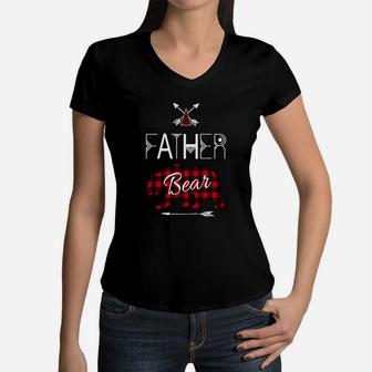 Father Bear Shirt Buffalo Plaid Family Camping Gear Women V-Neck T-Shirt - Seseable