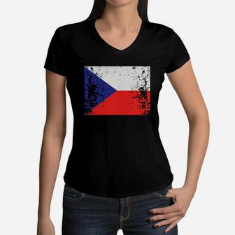 Flag Of Czech Republic Country Vintage Distressed Shirt Women V-Neck T-Shirt - Seseable