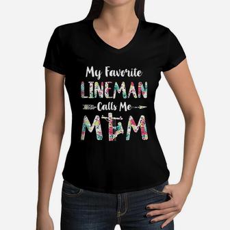 Floral My Favorite Lineman Calls Me Mom Women V-Neck T-Shirt - Seseable