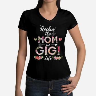 Flower Rockin The Mom And Gigi Life Women V-Neck T-Shirt - Seseable