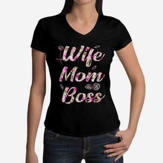 Flower Wife Mom Boss Women V-Neck T-Shirt - Seseable