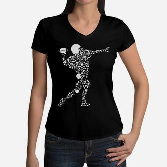 Football Player Doodle Football Elements Funny Gift Women V-Neck T-Shirt - Seseable