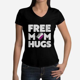 Free Mom Hugs Free Mom Hugs Asexual Pride Lgbtqia Women V-Neck T-Shirt - Seseable