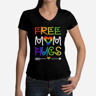 Free Mom Hugs Rainbow Heart Lgbt Pride Month Women V-Neck T-Shirt - Seseable