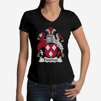 Freeman Family Crest Coat Of Arms British Family Crests Women V-Neck T-Shirt - Seseable