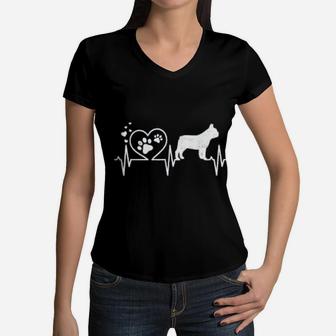 Frenchie French Bulldog Mom Mama Dad Heartbeat Women V-Neck T-Shirt - Seseable