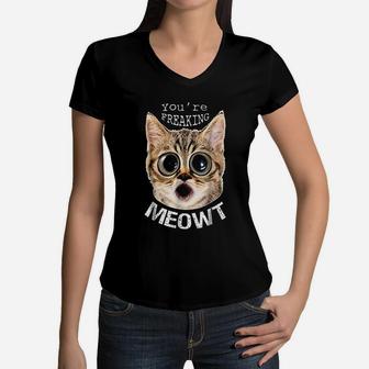 Funny Cat Mom Dad Freaking Meowt Gift Idea Women V-Neck T-Shirt - Seseable