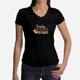 Funny Easily Distracted Goats Gift Idea For Mom Dad Women V-Neck T-Shirt - Seseable