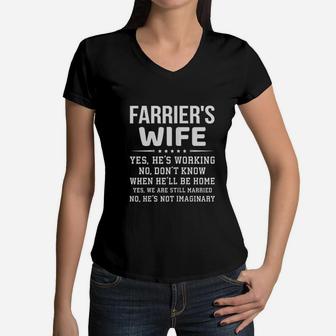 Funny Farrier Wife Family Gift Yes He Is Working Women V-Neck T-Shirt - Seseable