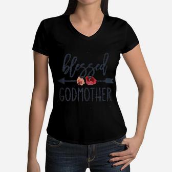 Funny Godmother Saying For Mothers Day Blessed Godmother Women V-Neck T-Shirt - Seseable