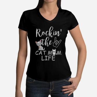 Funny Mom Cat Shirts Rockin The Cat Mom Life Women V-Neck T-Shirt - Seseable