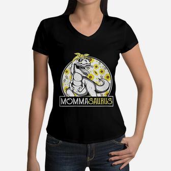 Funny Momma Saurus Sunflower Dinosaur Grandma T Rex Women V-Neck T-Shirt - Seseable