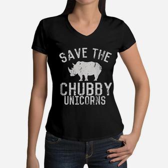 Funny Save The Chubby Unicorns Fat Rhino Vintage Women V-Neck T-Shirt - Seseable