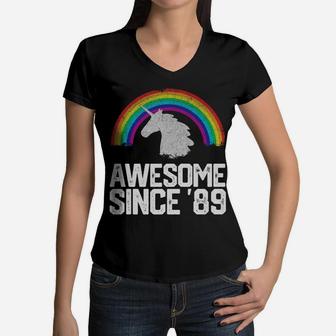 Funny Unicorn 1989 32nd Birthday Gift Rainbow Retro Vintage Women V-Neck T-Shirt - Seseable