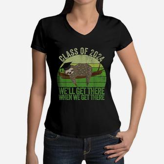 Funny Vintage 8th Grade Class Of 2024 Sloth Grow With Me Women V-Neck T-Shirt - Seseable