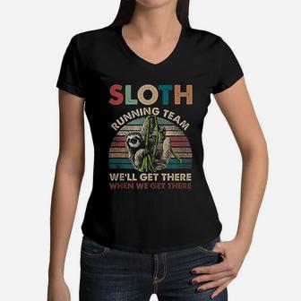 Funny Vintage Sloth Running Team Marathon Runners Jogging Women V-Neck T-Shirt - Seseable