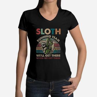 Funny Vintage Sloth Running Team Marathon Runners Jogging Women V-Neck T-Shirt - Seseable