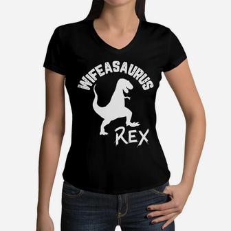 Funny Wife Wifeasaurus Rex Cute Dinosaur Mom Women V-Neck T-Shirt - Seseable