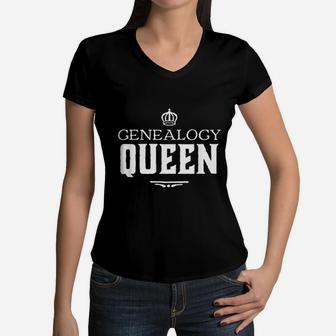 Genealogy Queen Family Genealogist Research Ancestry Dna Women V-Neck T-Shirt - Seseable