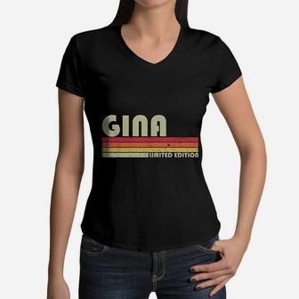 Gina Gift Name Retro Vintage 80s 90s Birthday Women V-Neck T-Shirt - Seseable