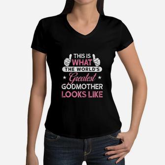 Godmother Gift Worlds Greatest Godmother Women V-Neck T-Shirt - Seseable