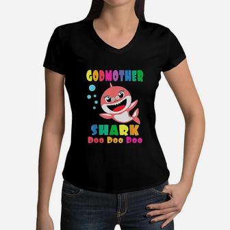 Godmother Shark Funny Mothers Day Gift Women V-Neck T-Shirt - Seseable