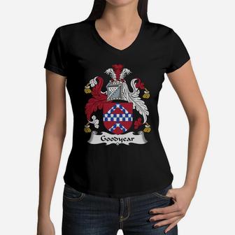 Goodyear Family Crest Coat Of Arms British Family Crests Women V-Neck T-Shirt - Seseable