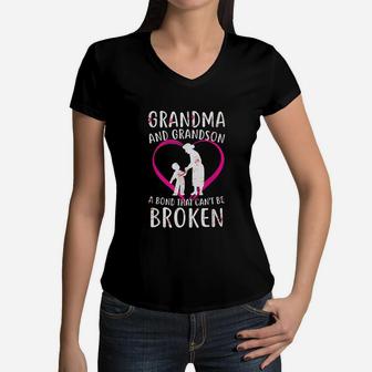 Grandma And Grandson A Bond That Cant Be Broken Grandmother Women V-Neck T-Shirt - Seseable