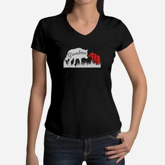 Grandma Wolf Matching Family Tribe Wolves Pup Mother Puppy Women V-Neck T-Shirt - Seseable