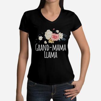 Grandmama Llama Funny Mom Gift Floral Women V-Neck T-Shirt - Seseable