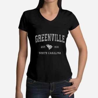 Greenville South Carolina Sc Vintage Athletic Sports Design Women V-Neck T-Shirt - Seseable