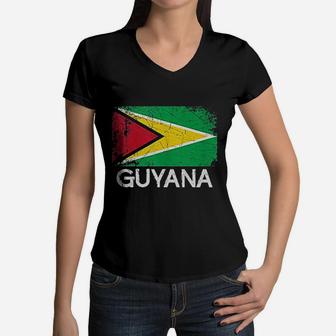 Guyanese Flag Design | Vintage Made In Guyana Gift Women V-Neck T-Shirt - Seseable