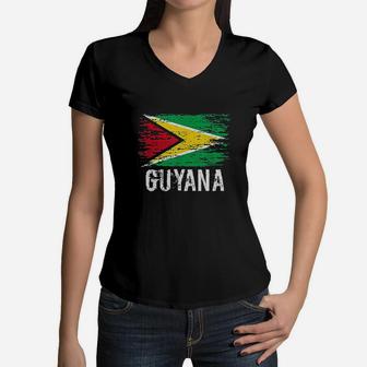 Guyanese Flag Pride Vintage Guyanese Root Gift Guyana Women V-Neck T-Shirt - Seseable