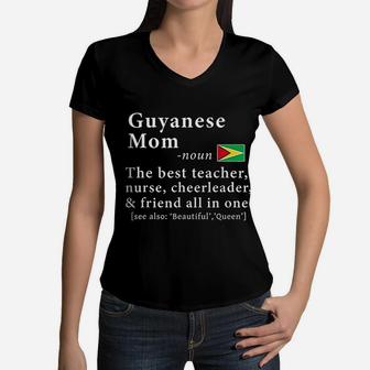Guyanese Mom Definition Guyana Flag Mothers Day Women V-Neck T-Shirt - Seseable