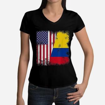 Half Colombian Flag Vintage Colomobia Usa Gift Women V-Neck T-Shirt - Seseable