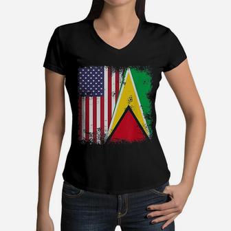 Half Guyanese Flag Vintage Guyana Usa Gift Women V-Neck T-Shirt - Seseable