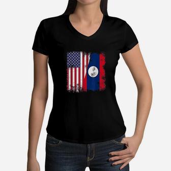Half Lao Laotian Flag Vintage Laos Usa Gift Women V-Neck T-Shirt - Seseable